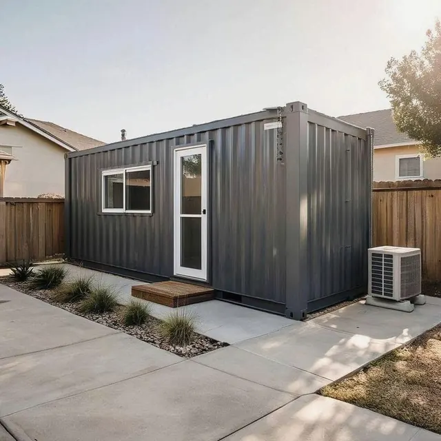 Backyard shipping container ADU with a window and side door