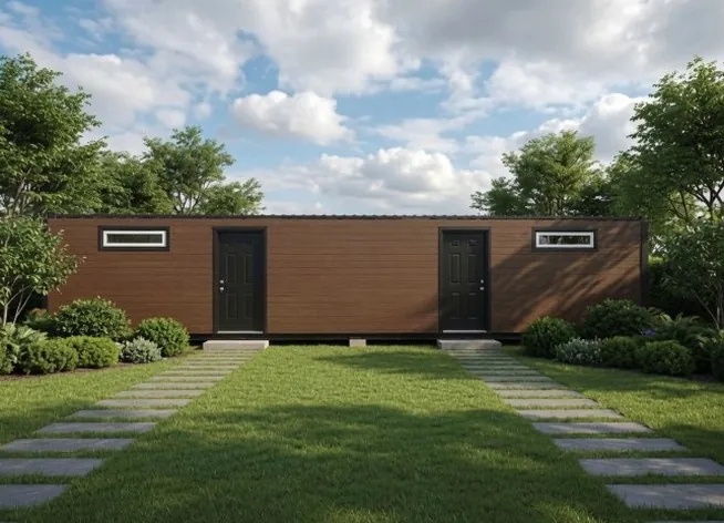 40ft container guest house with wood siding on a lawn