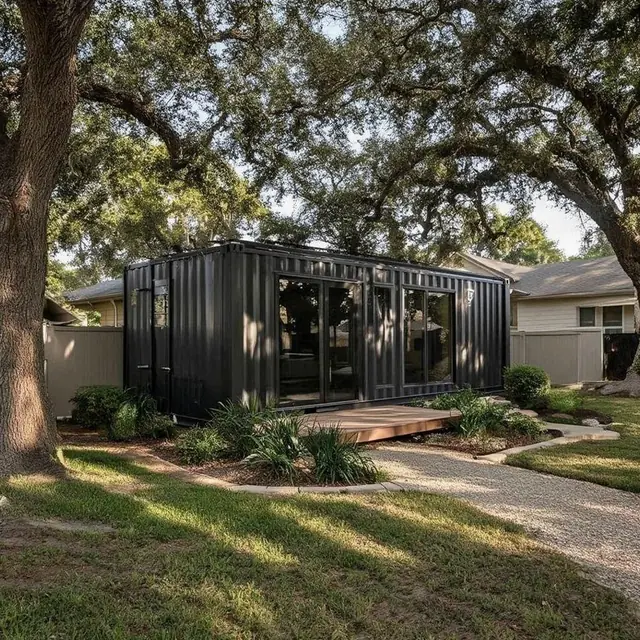 Custom black shipping container home under oak trees